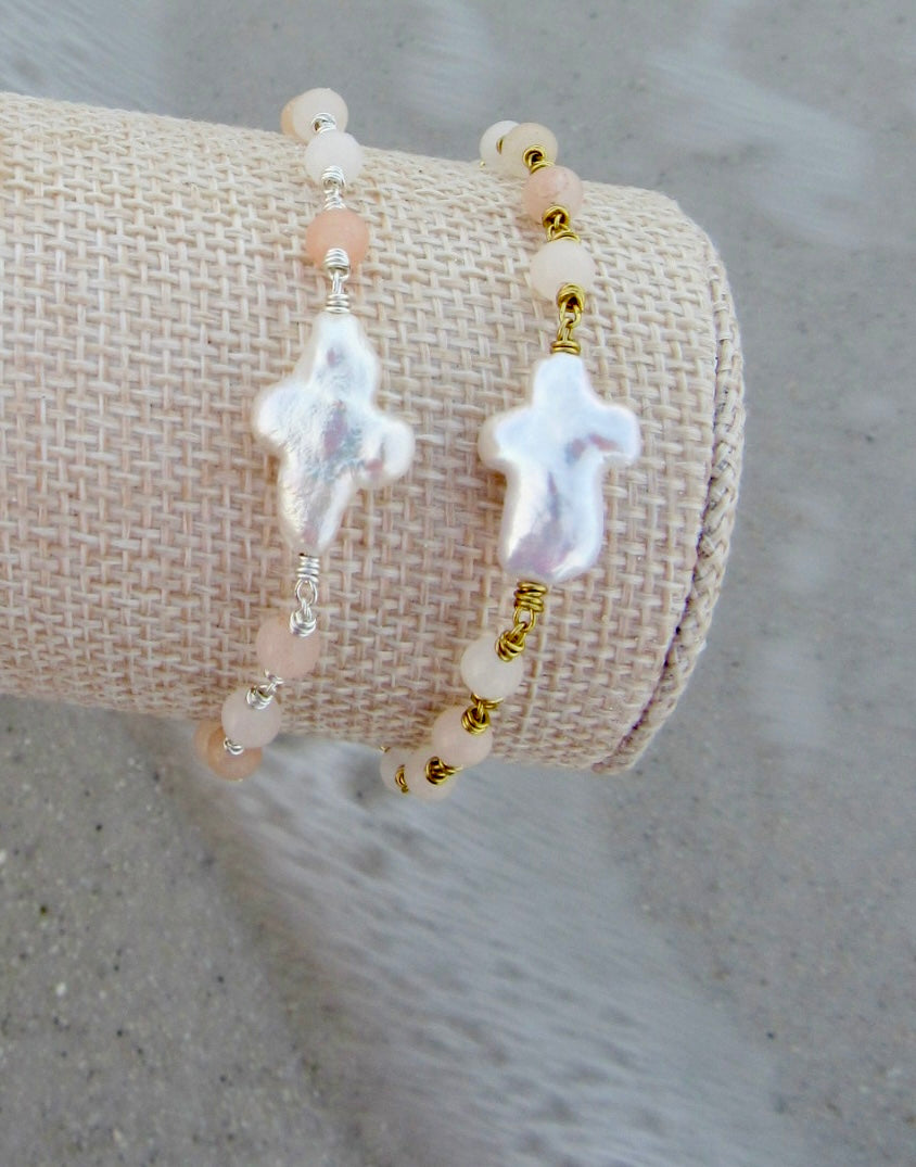Pink Opal Pearl Cross Bracelet