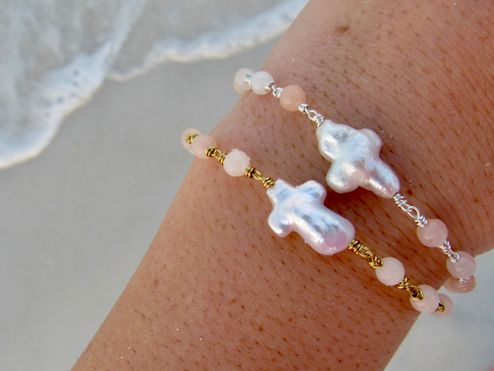 Pink Opal Pearl Cross Bracelet