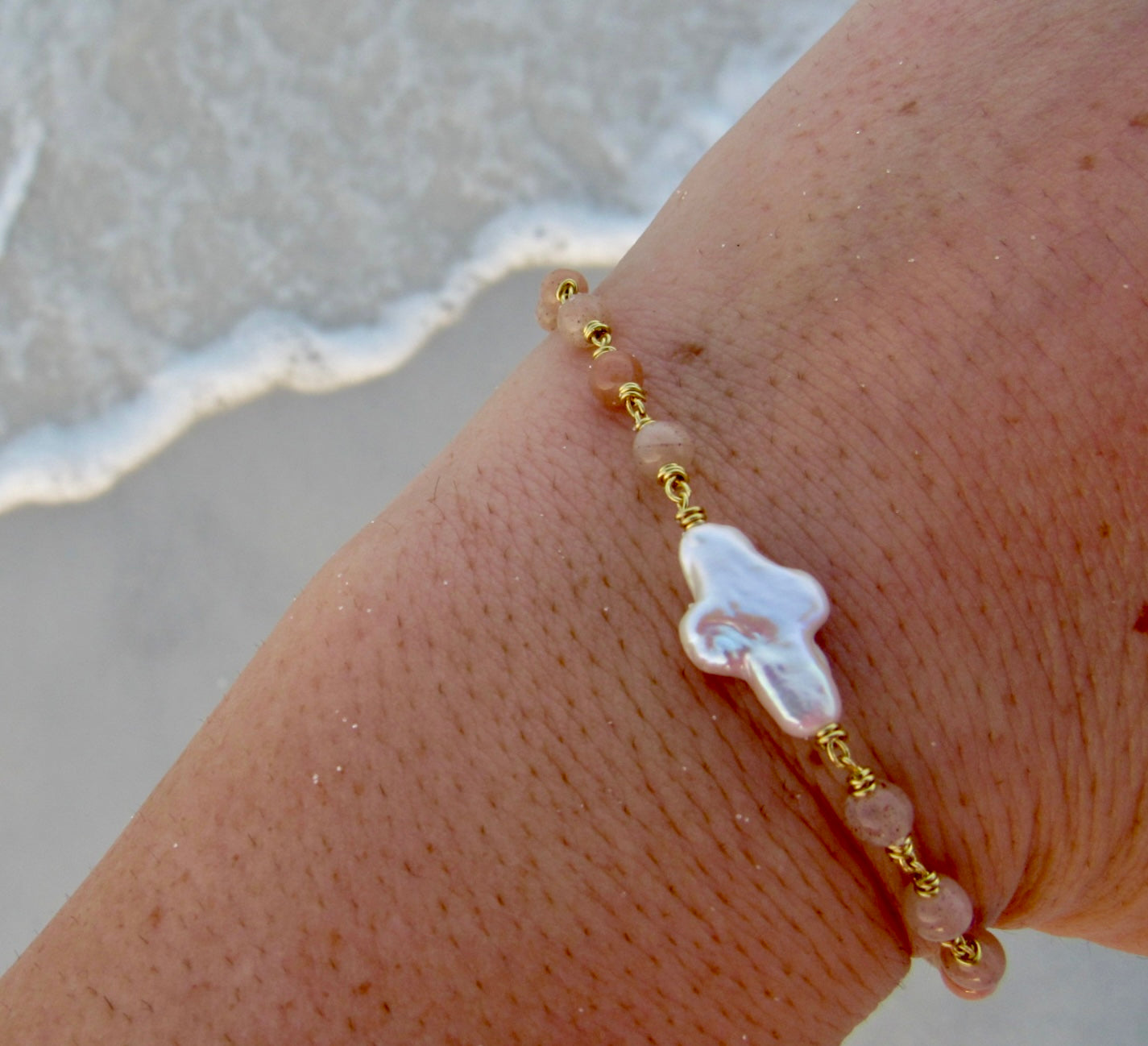 Sunstone Pearl Cross Bracelet